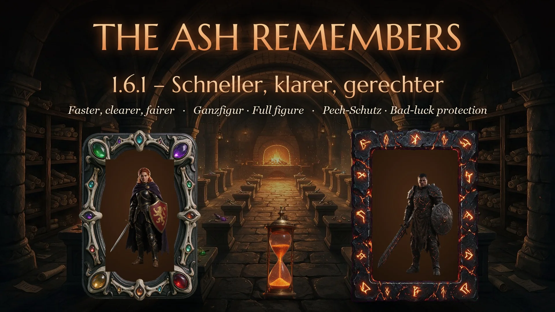 Patch 1.6.1 — Faster, clearer, fairer: two heroes at full height in rectangular frames in the Relic Hall, an hourglass of embers between them