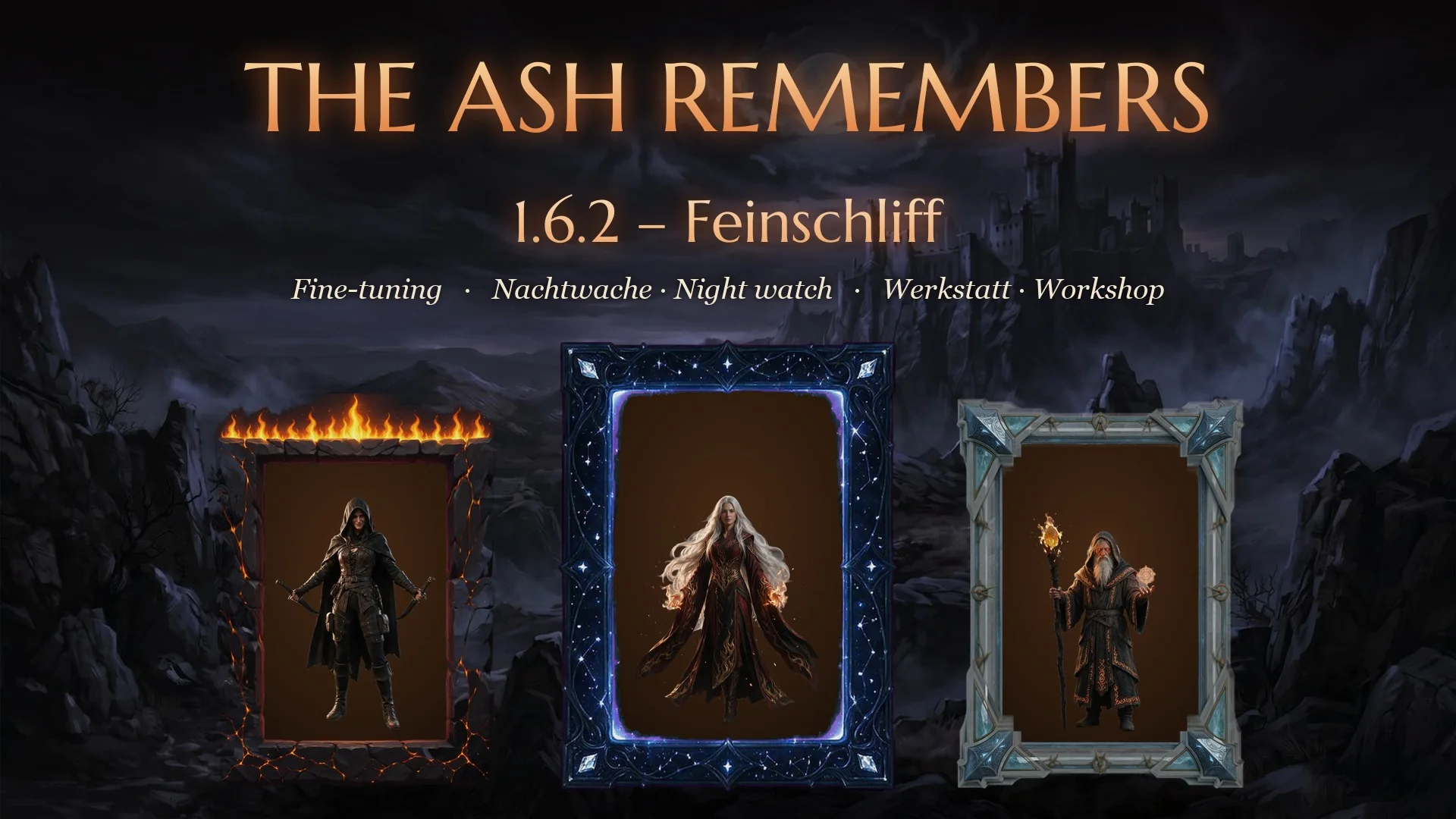 Patch 1.6.2 — Fine-tuning: three heroes at full height in rectangular frames under a night sky