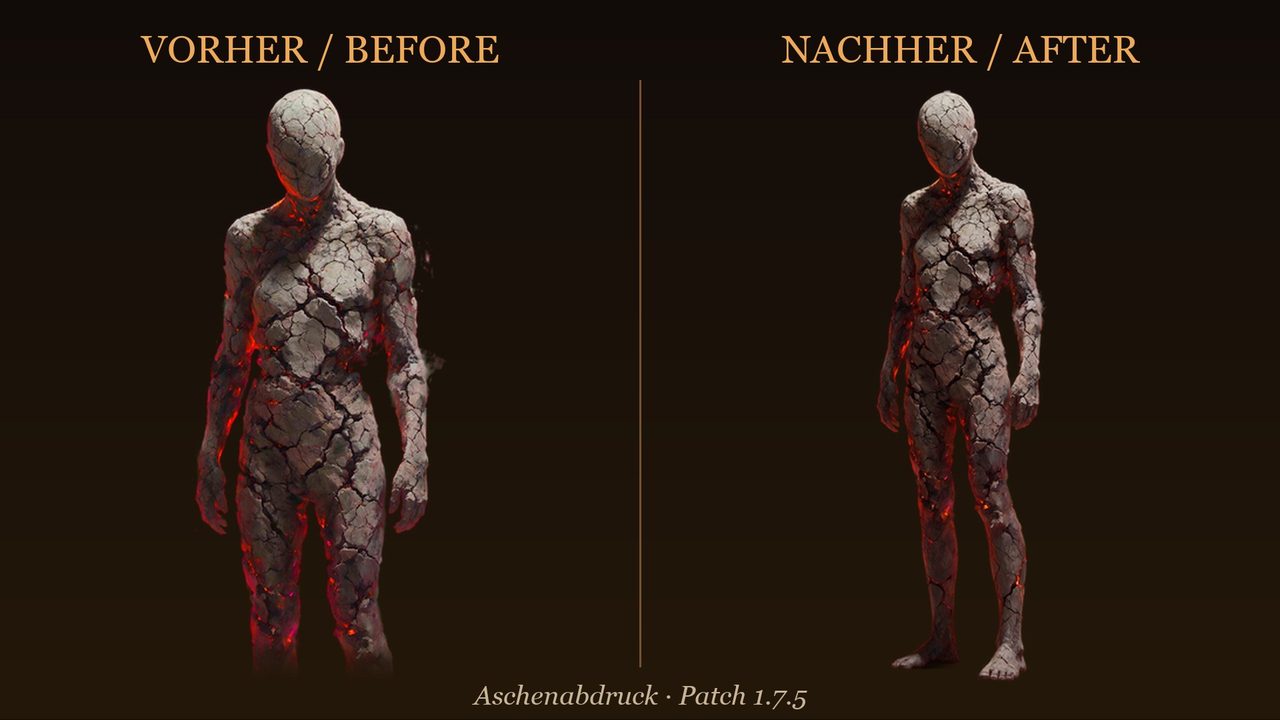 Before and after: the Ash Imprint in patch 1.7.5, old image on the left, new image on the right from head to feet