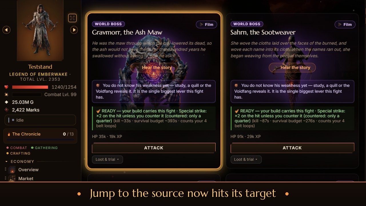 Jump to the source: the Codex click leads to the world boss card, centered and glowing with a pulsing border
