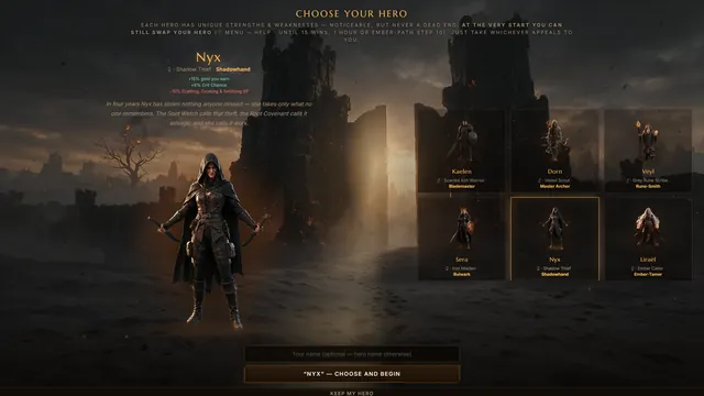 Hero select at the gates of Emberwake